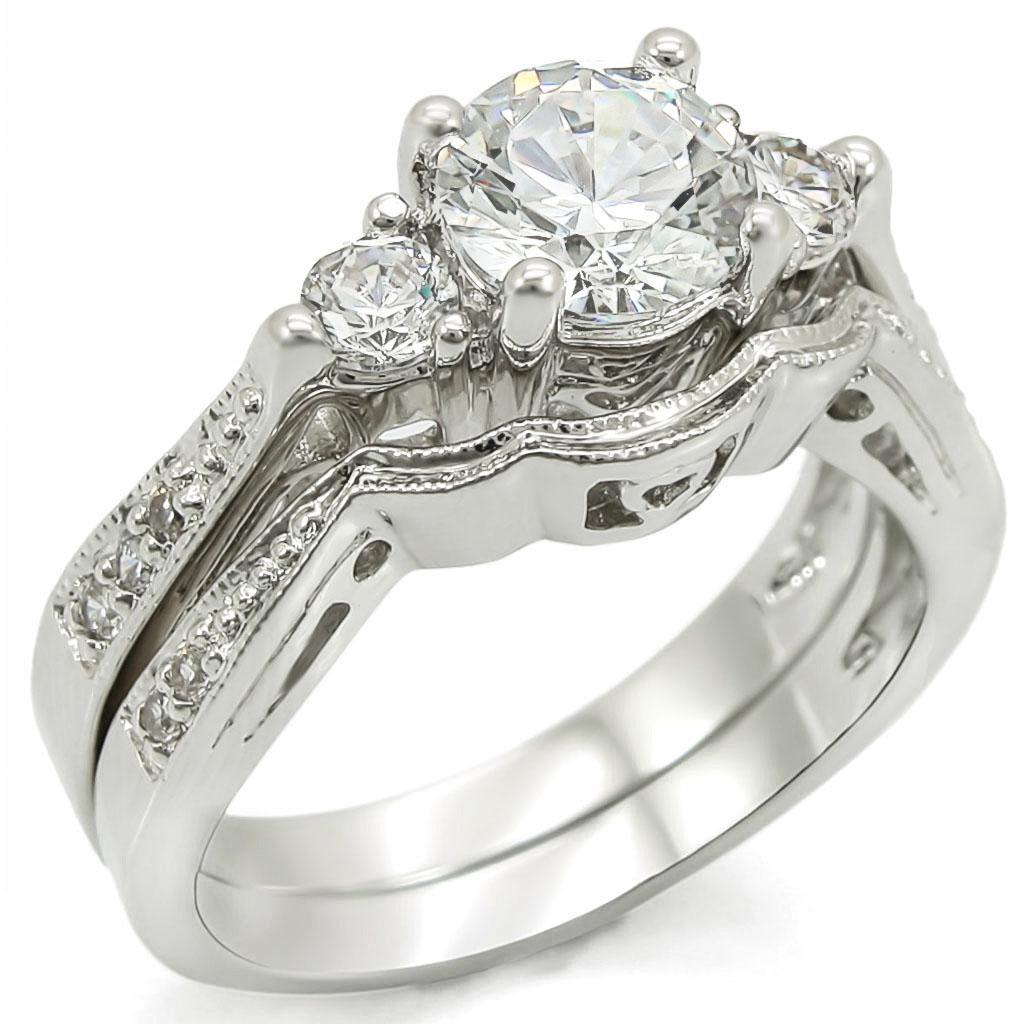 1W002 Rhodium Brass Ring featuring a clear AAA Grade CZ center stone, elegantly designed for versatile wear.