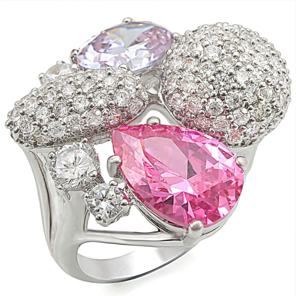 1W021 Rhodium Brass Ring featuring a vibrant multi-color AAA Grade CZ stone, elegantly designed for style and comfort.