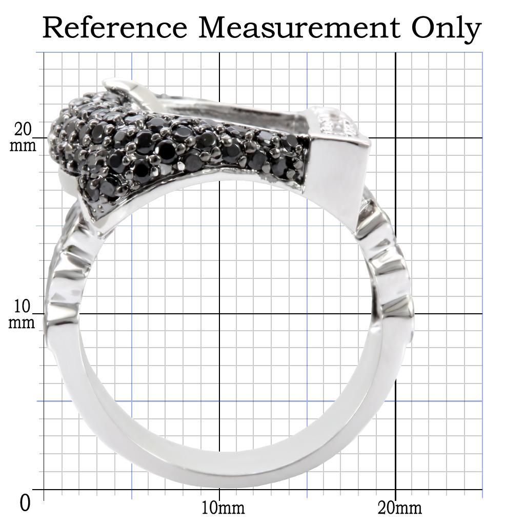 1W048 Rhodium and Ruthenium Brass Ring featuring a black AAA Grade CZ center stone, elegantly designed for style and comfort.