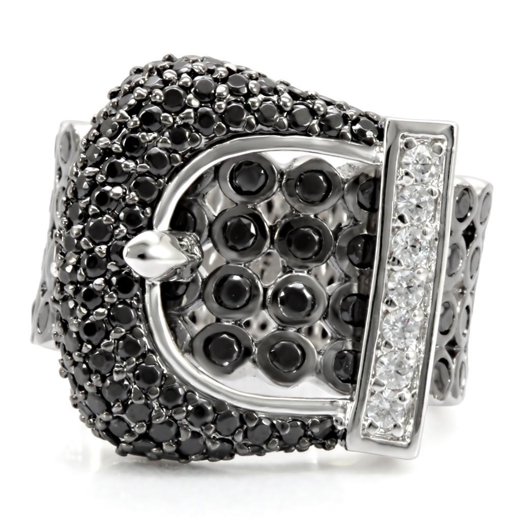 1W048 Rhodium and Ruthenium Brass Ring featuring a black AAA Grade CZ center stone, elegantly designed for style and comfort.