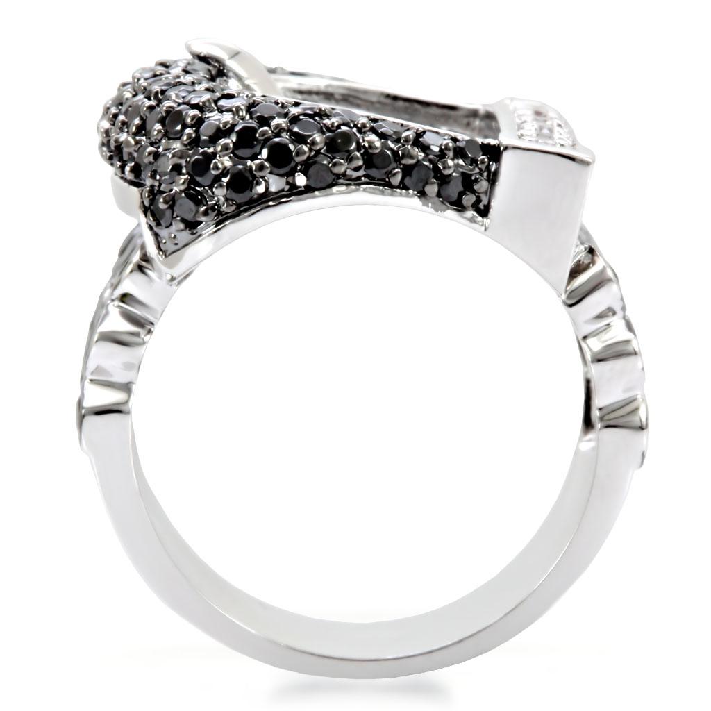 1W048 Rhodium and Ruthenium Brass Ring featuring a black AAA Grade CZ center stone, elegantly designed for style and comfort.