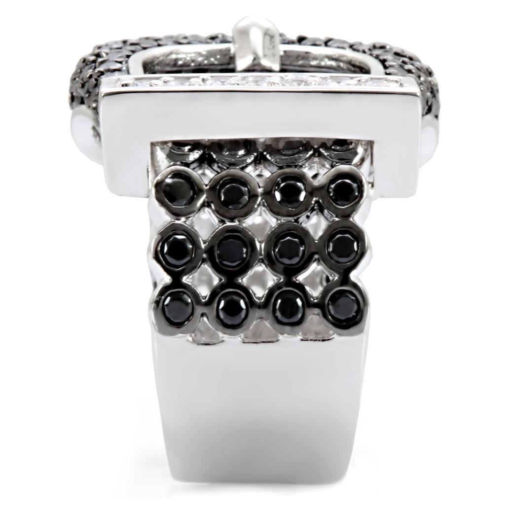 1W048 Rhodium and Ruthenium Brass Ring featuring a black AAA Grade CZ center stone, elegantly designed for style and comfort.
