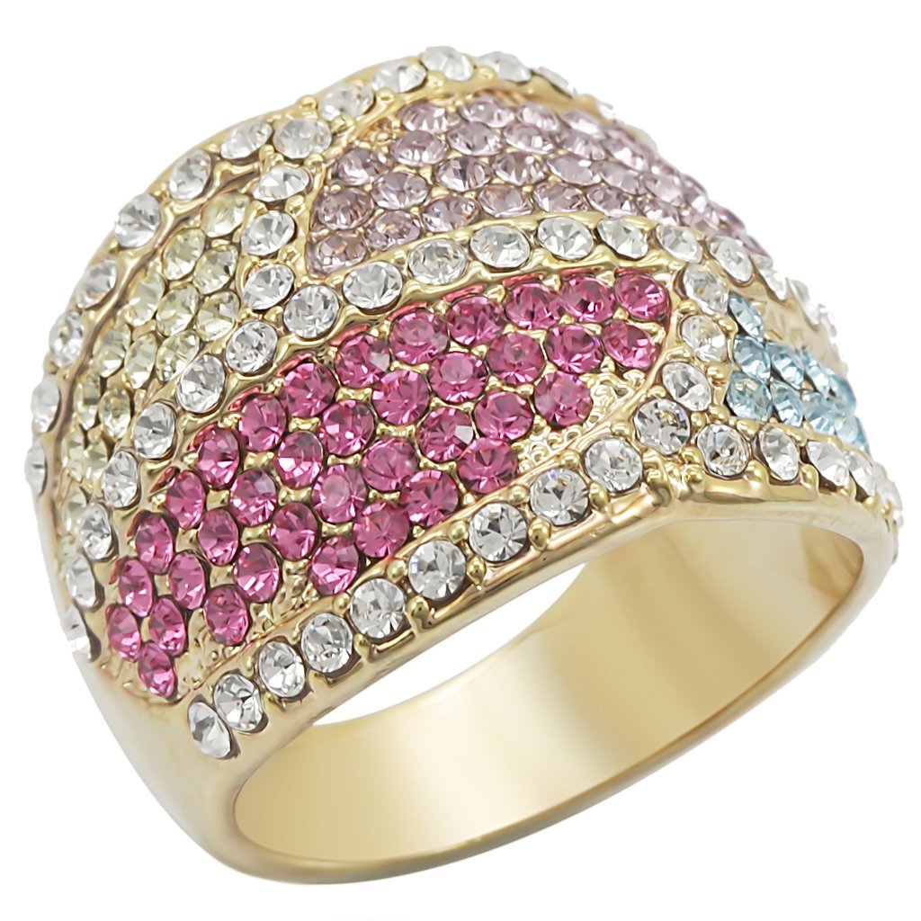 1W053 Gold Brass Ring featuring a vibrant multi-color top-grade crystal, elegantly designed for any occasion.