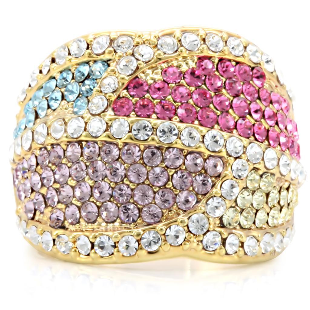 1W053 Gold Brass Ring featuring a vibrant multi-color top-grade crystal, elegantly designed for any occasion.