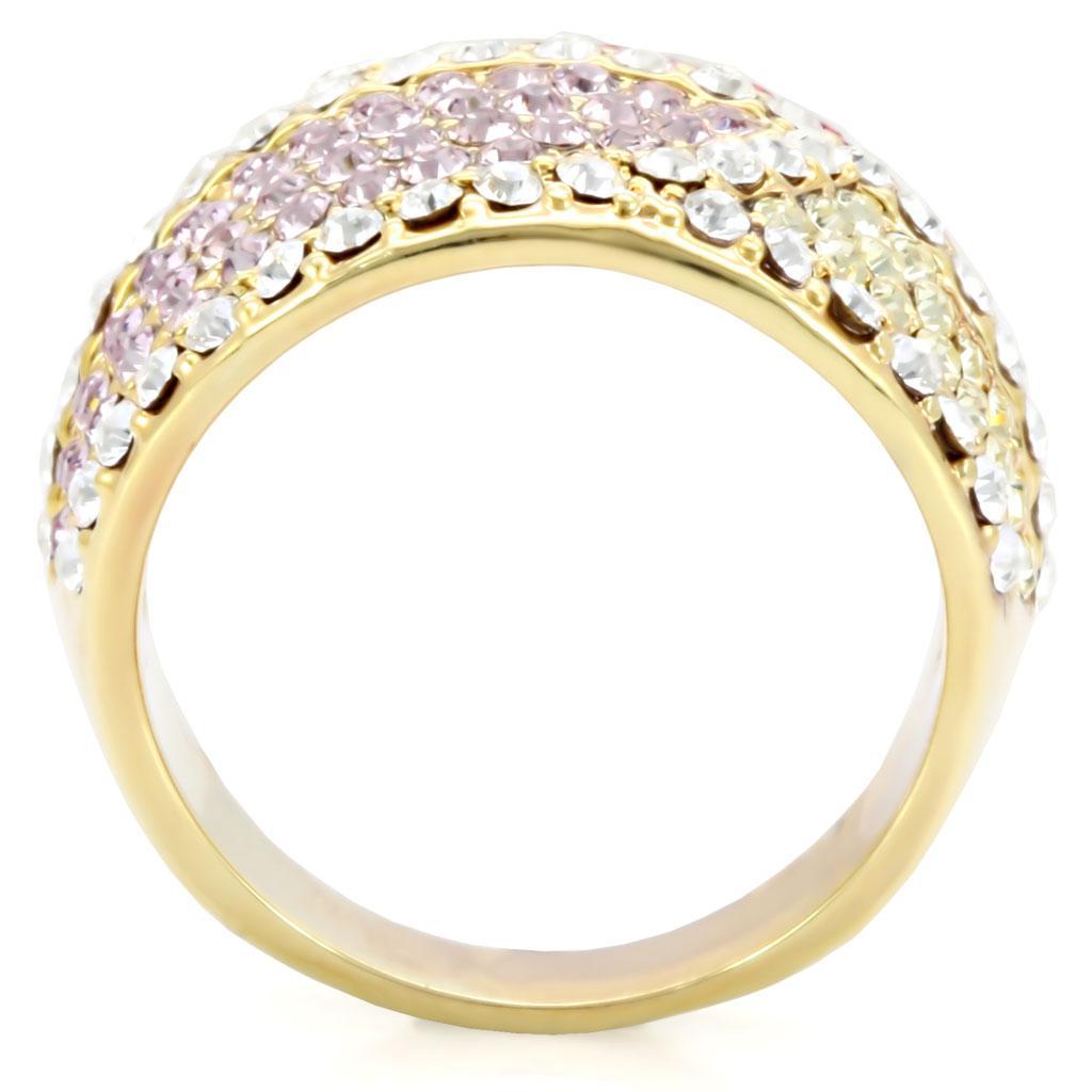 1W053 Gold Brass Ring featuring a vibrant multi-color top-grade crystal, elegantly designed for any occasion.