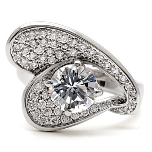 1W088 Rhodium Brass Ring featuring an 8 mm AAA Grade CZ stone in clear, showcasing its elegant design and luxurious finish.