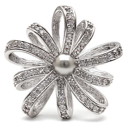 Elegant 1W093 Rhodium Brass Ring featuring a gray synthetic pearl centerpiece, showcasing its luxurious design.