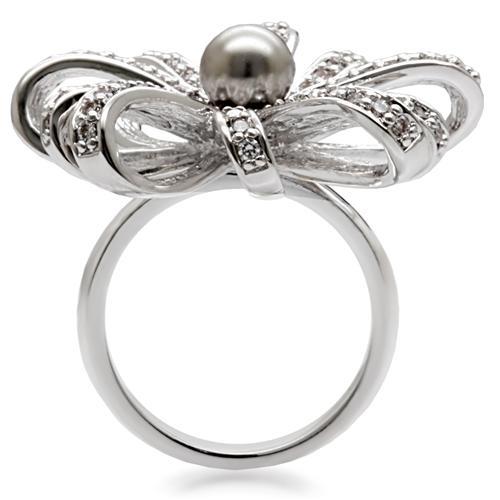 Elegant 1W093 Rhodium Brass Ring featuring a gray synthetic pearl centerpiece, showcasing its luxurious design.