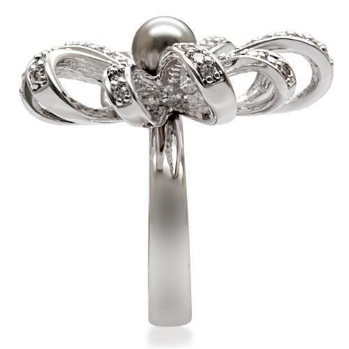 Elegant 1W093 Rhodium Brass Ring featuring a gray synthetic pearl centerpiece, showcasing its luxurious design.