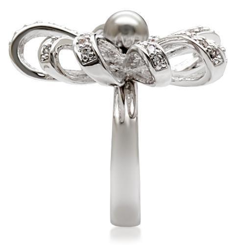 Elegant 1W093 Rhodium Brass Ring featuring a gray synthetic pearl centerpiece, showcasing its luxurious design.