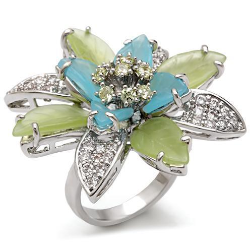 1W094 Rhodium Brass Ring featuring multi-colored synthetic glass, showcasing a modern and elegant design.