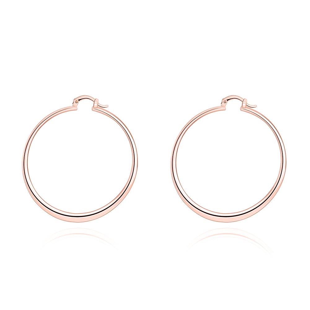 Elegant 2-inch flat hoop earrings in 18K rose gold plating, showcasing a shiny finish and a comfortable design, perfect for any occasion.