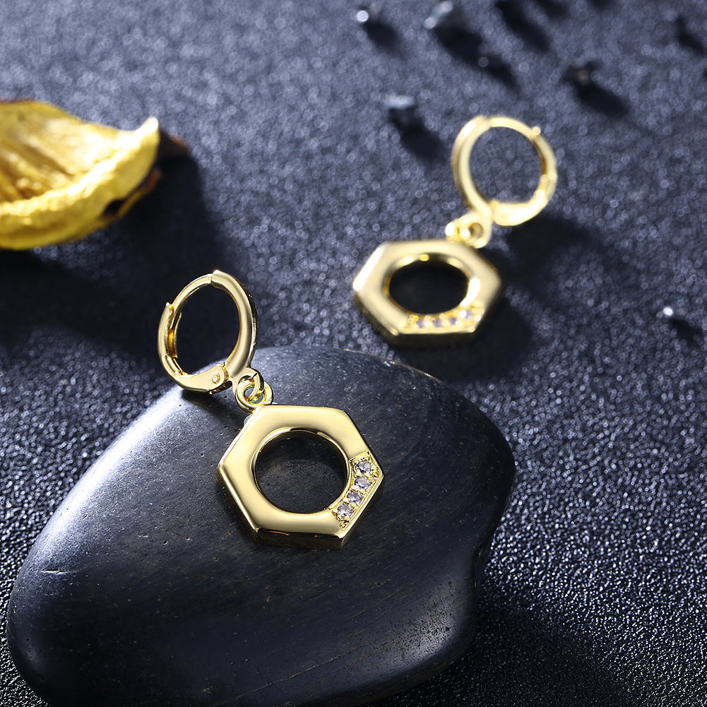 Elegant 14K gold plated drop earrings featuring cubic zirconia in a honeycomb design, perfect for any occasion.