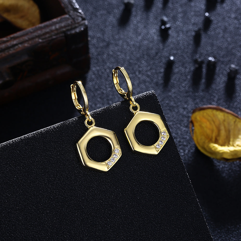 Elegant 14K gold plated drop earrings featuring cubic zirconia in a honeycomb design, perfect for any occasion.