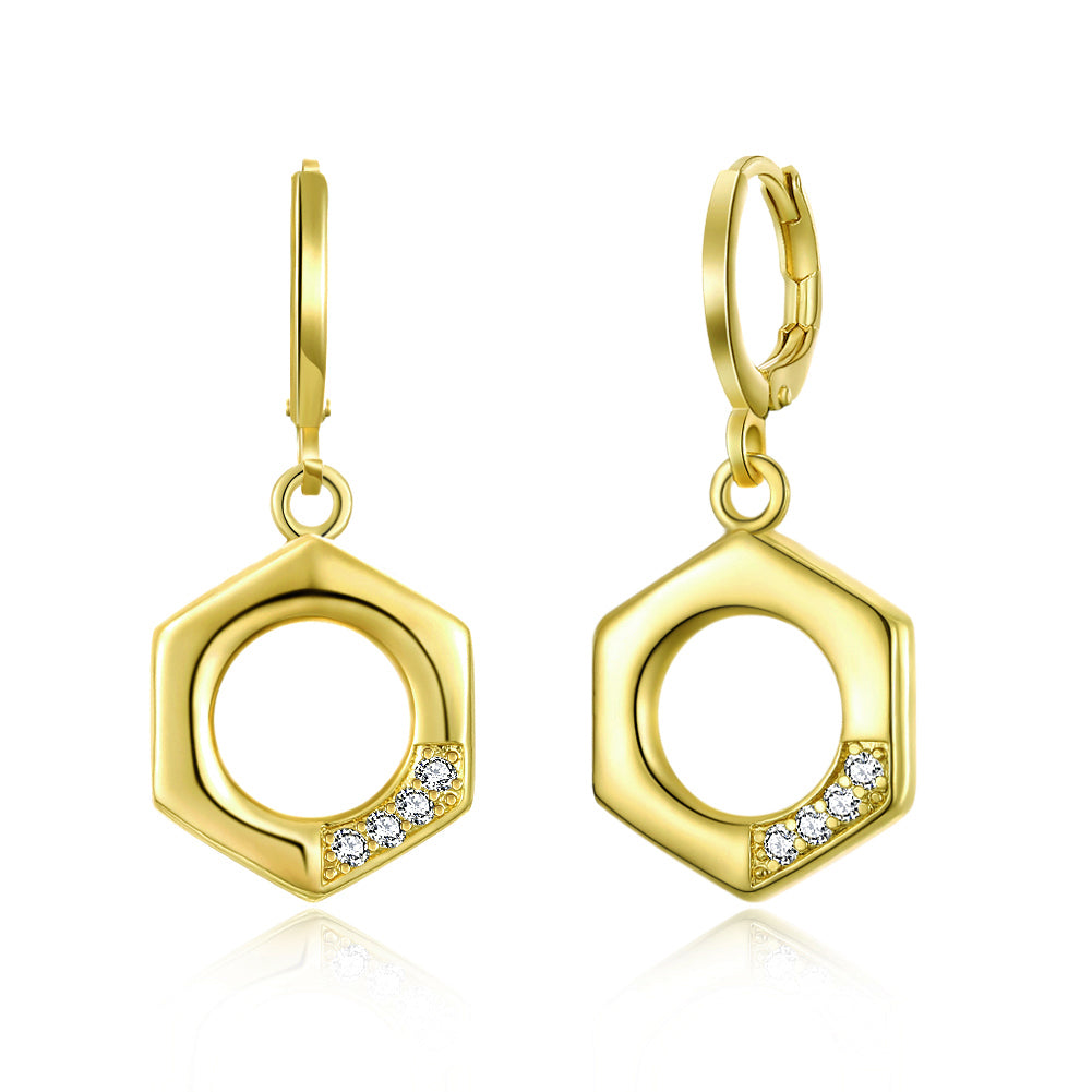 Elegant 14K gold plated drop earrings featuring cubic zirconia in a honeycomb design, perfect for any occasion.
