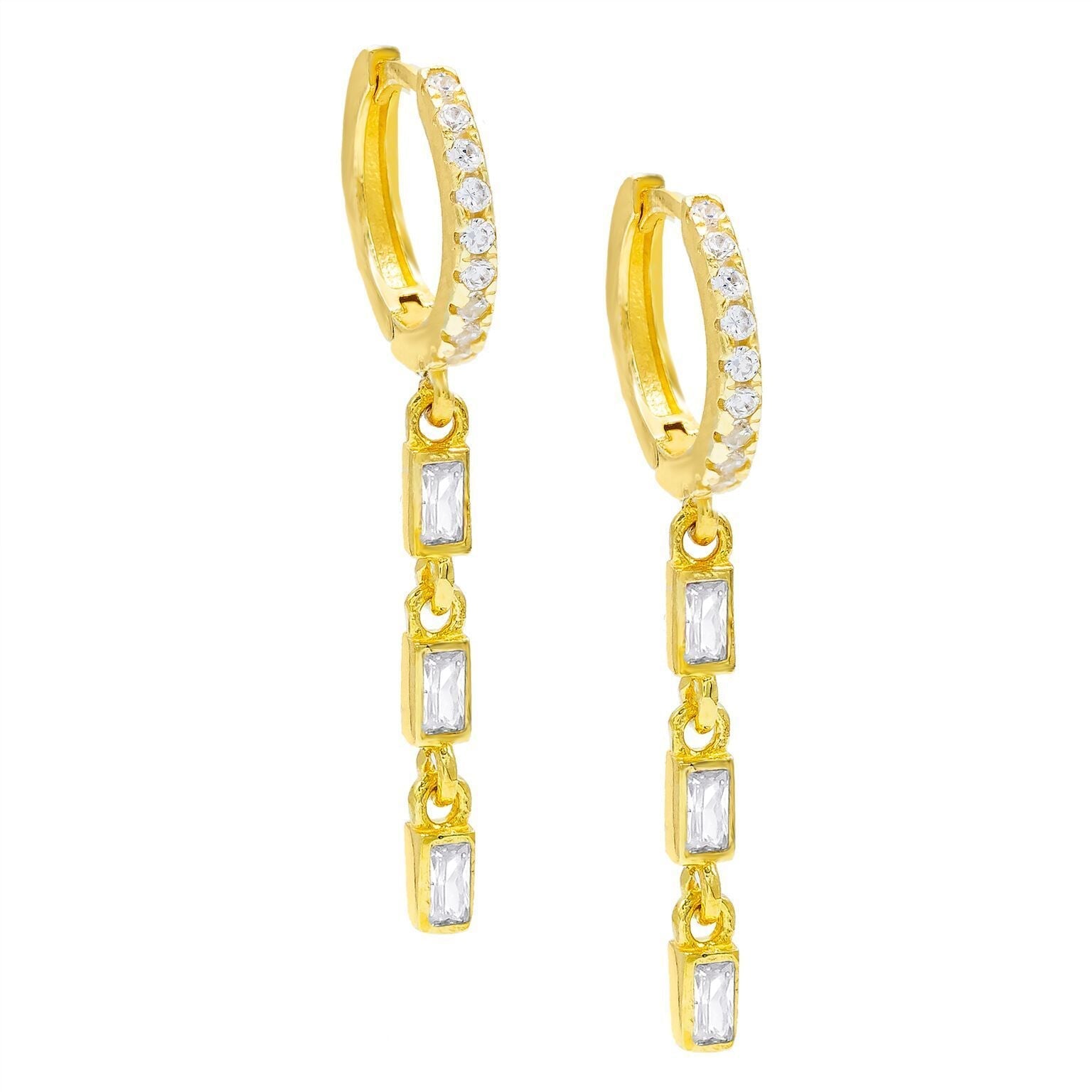 Two pairs of elegant dangling earrings featuring white cubic zirconia stones set in 14K gold plating, showcasing a luxurious and stylish design.