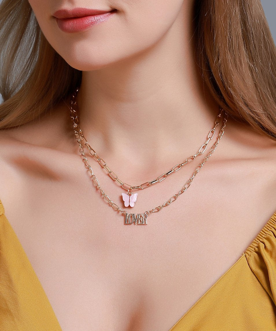 Elegant 2 Piece Butterfly Lover Necklace in 18K gold plating, featuring a delicate butterfly design and adjustable link chain.