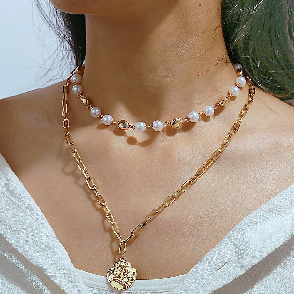 Elegant 2 Piece Pearl Coin Head Necklace featuring 18K gold plating and Italian design, showcasing a pearl coin pendant on a link chain.