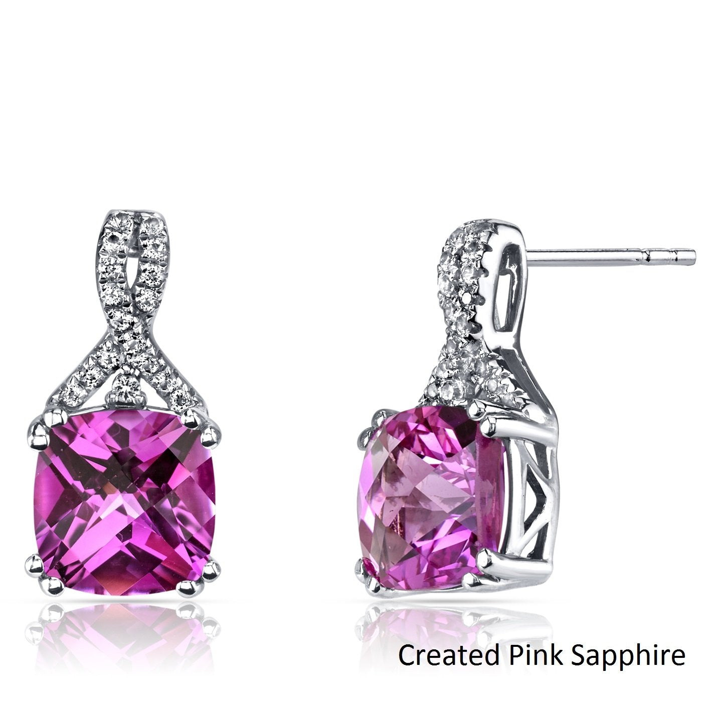 Elegant 2.00 CT Pink Topaz Cushion Round Stud Earrings set in 18K white gold plating, showcasing their vibrant pink color and cushion cut design.