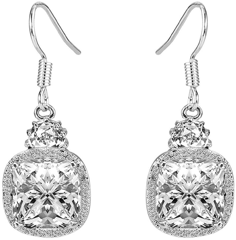 Elegant 2.00 CT White Topaz Ascher Cut Drop Earrings in 18K white gold plating, embellished with Austrian crystals, showcasing a luxurious design.