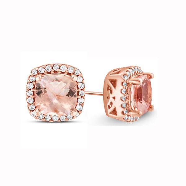 Elegant 2.00 CTTW Morganite Cushion Cut Pav'e Studs set in 14K Rose Gold, showcasing their exquisite design and craftsmanship.