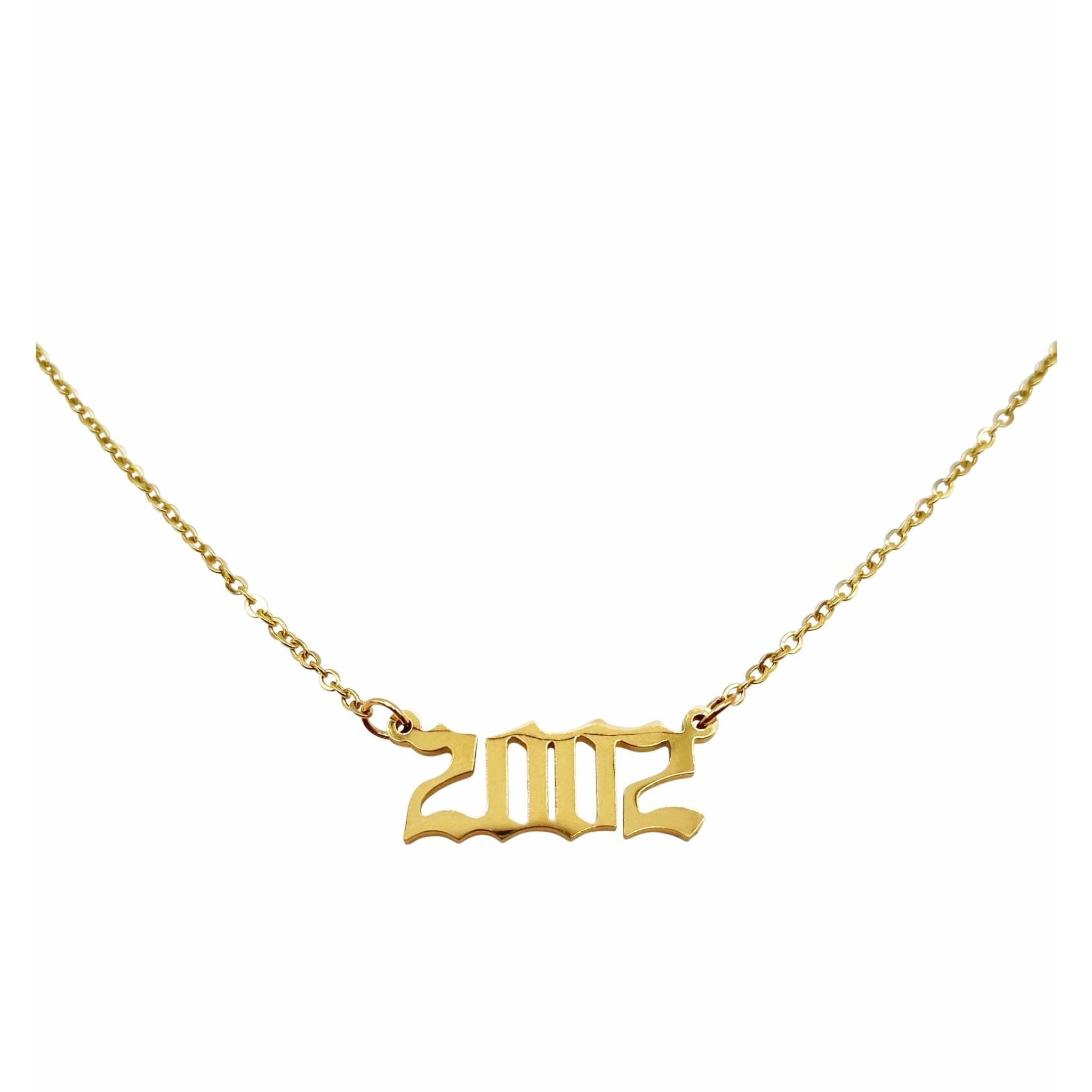2002 Year Necklace in gold and silver stainless steel, showcasing a stylish design with a 2cm pendant and 18-inch chain.