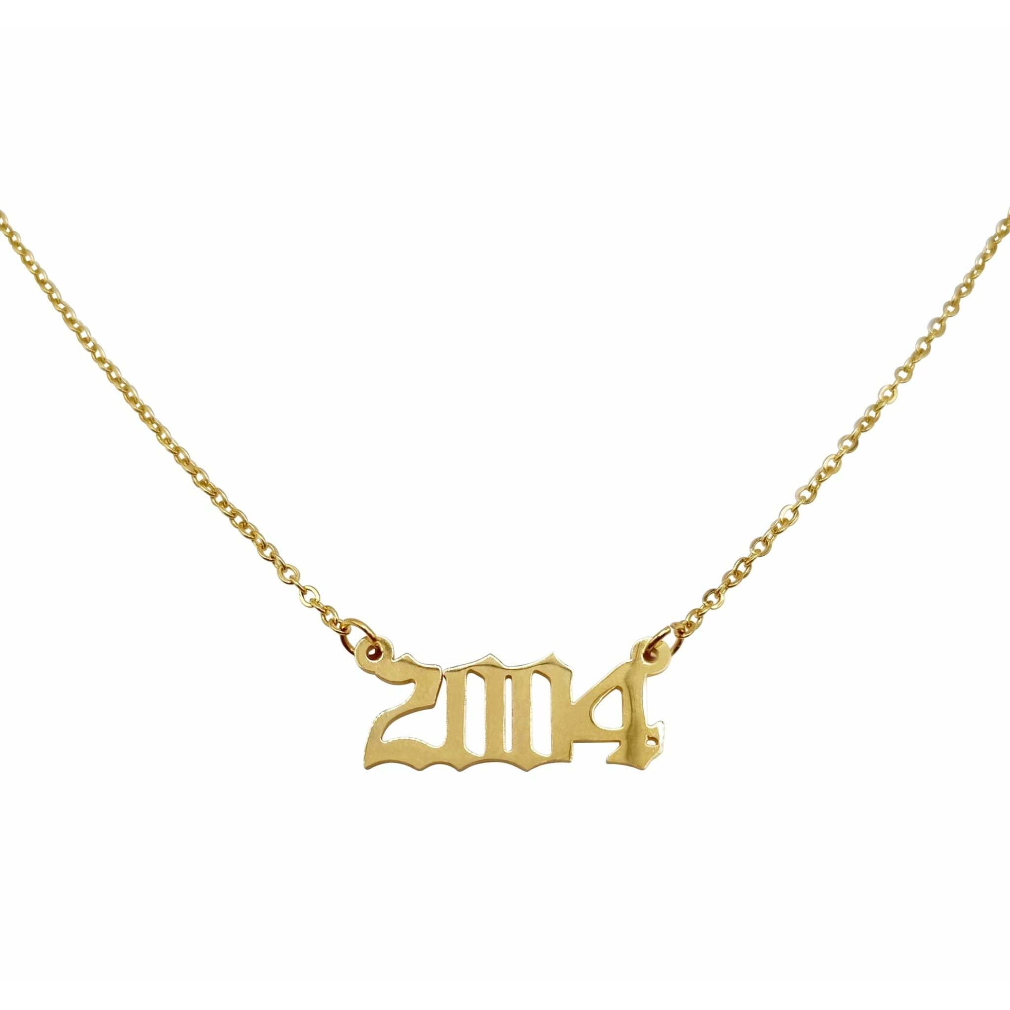 A stylish 2004 Year Necklace made of tarnish-free stainless steel, available in gold and silver finishes, featuring a comfortable 18-inch chain.