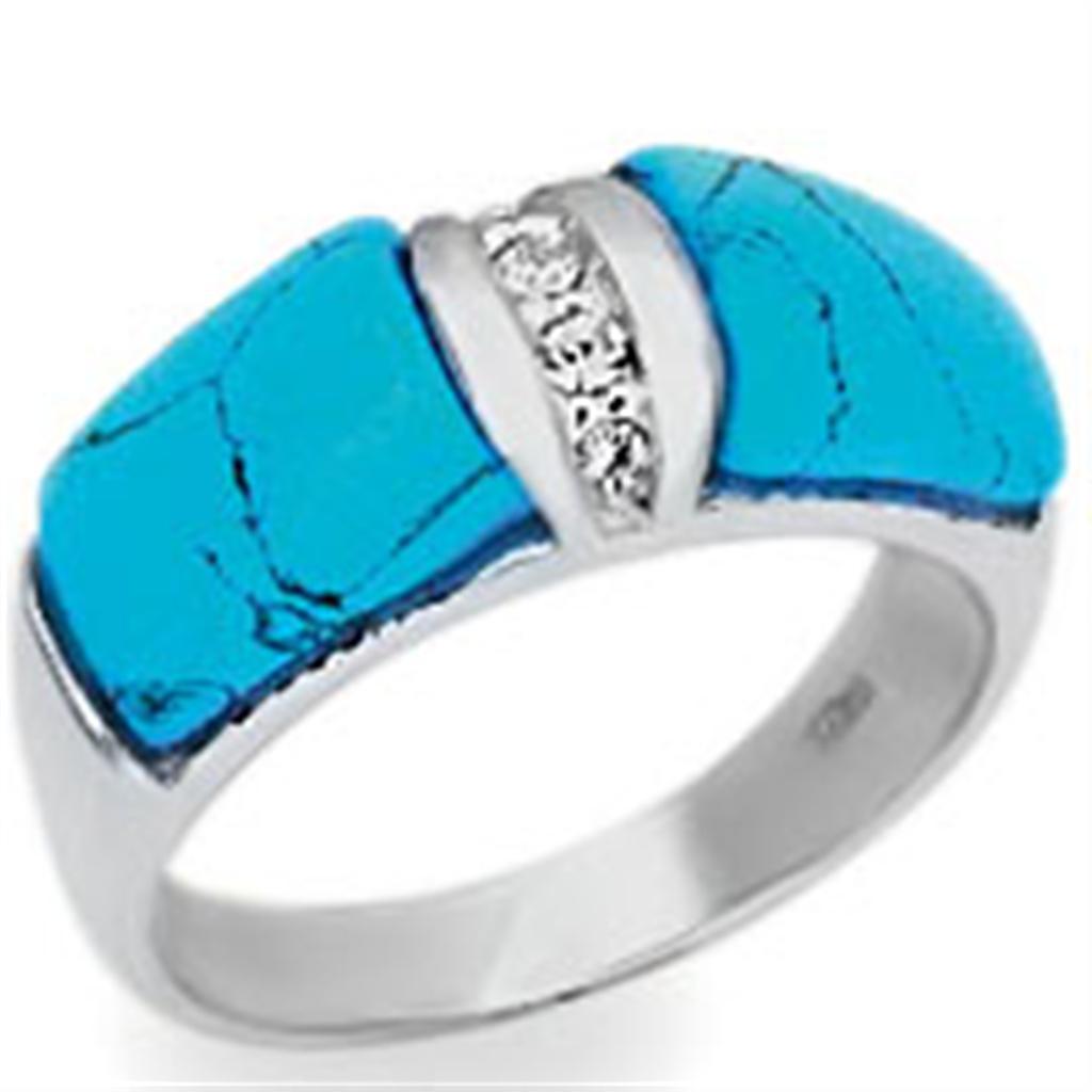 High-polished 925 sterling silver ring featuring a synthetic turquoise stone in sea blue color, elegantly designed for everyday wear.