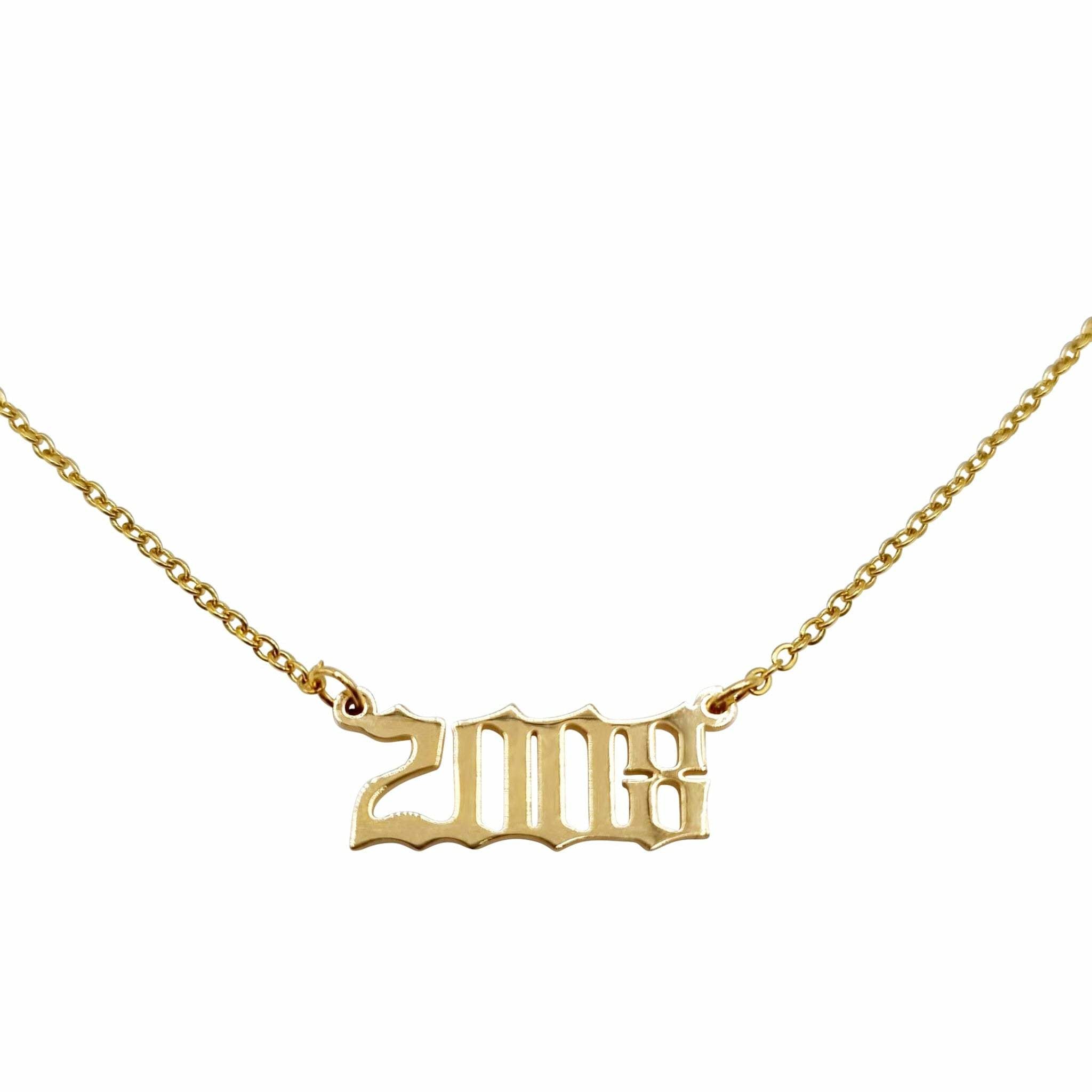 A stylish 2008 Year Necklace made of tarnish-free stainless steel, available in gold and silver finishes, featuring an 18-inch chain and a 2cm wide pendant.