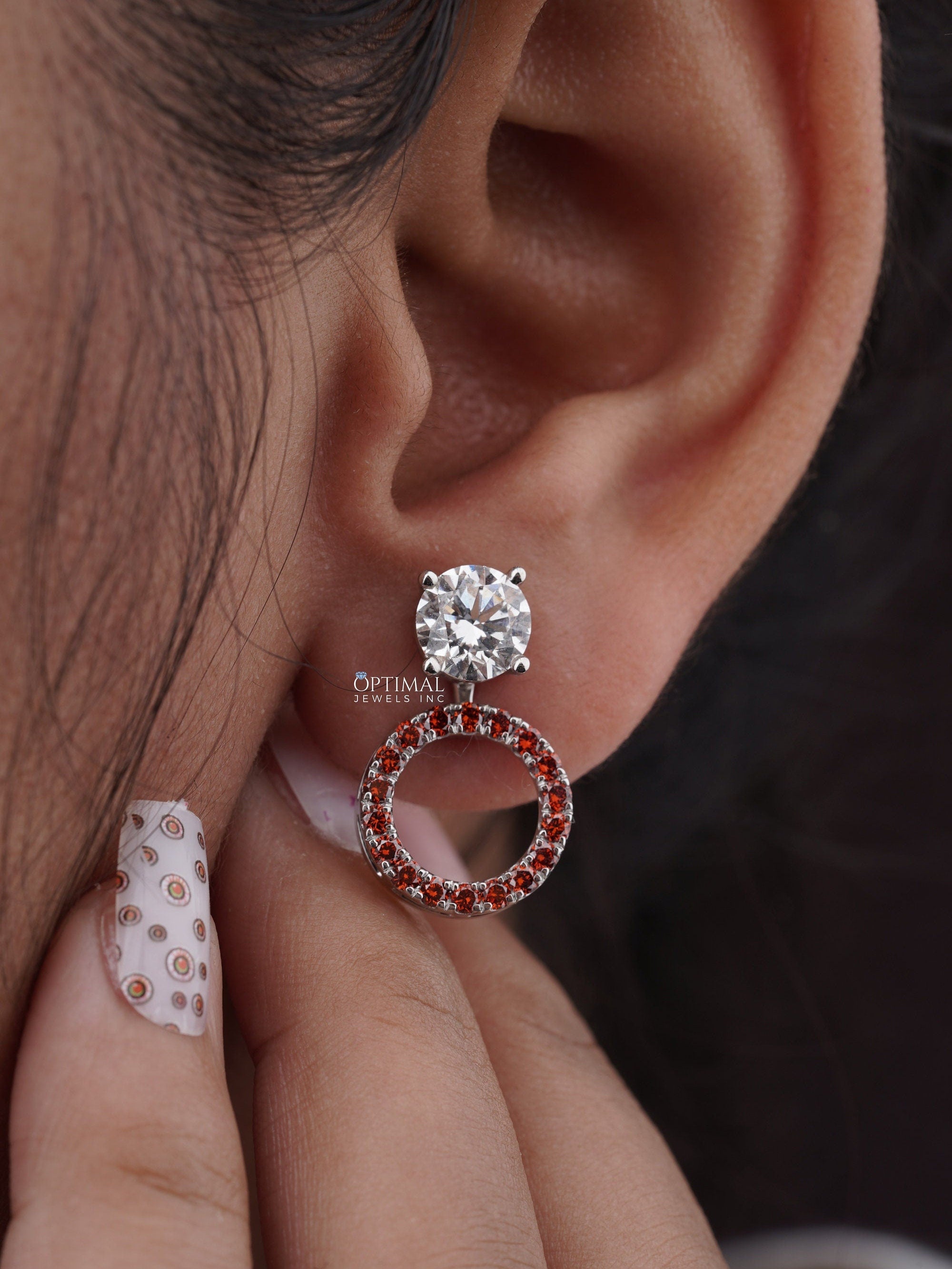 Elegant 2.44 Ctw Round Lab Diamond Earrings with Red Halo, set in white gold, showcasing brilliant sparkle and ethical craftsmanship.