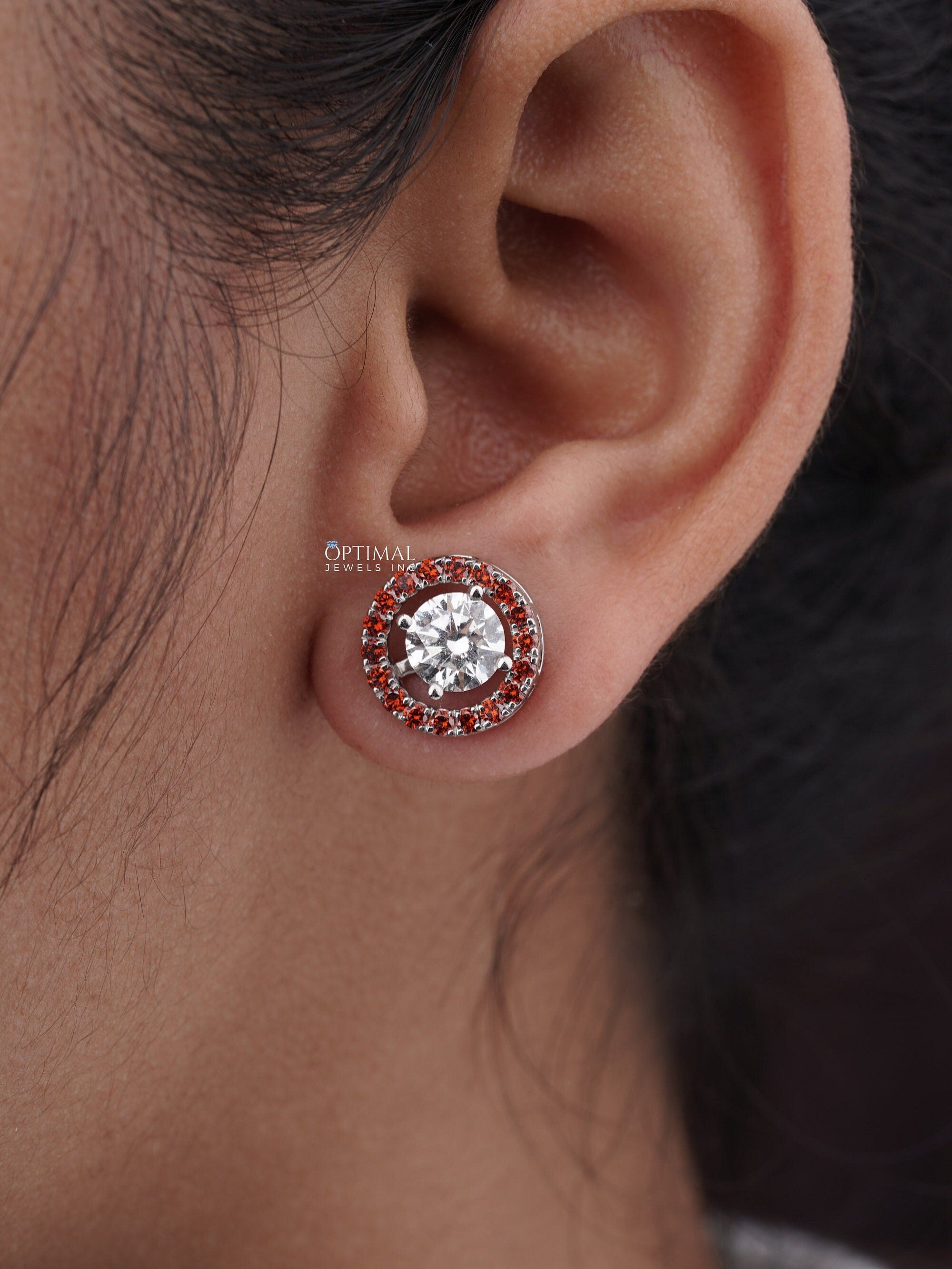 Elegant 2.44 Ctw Round Lab Diamond Earrings with Red Halo, set in white gold, showcasing brilliant sparkle and ethical craftsmanship.