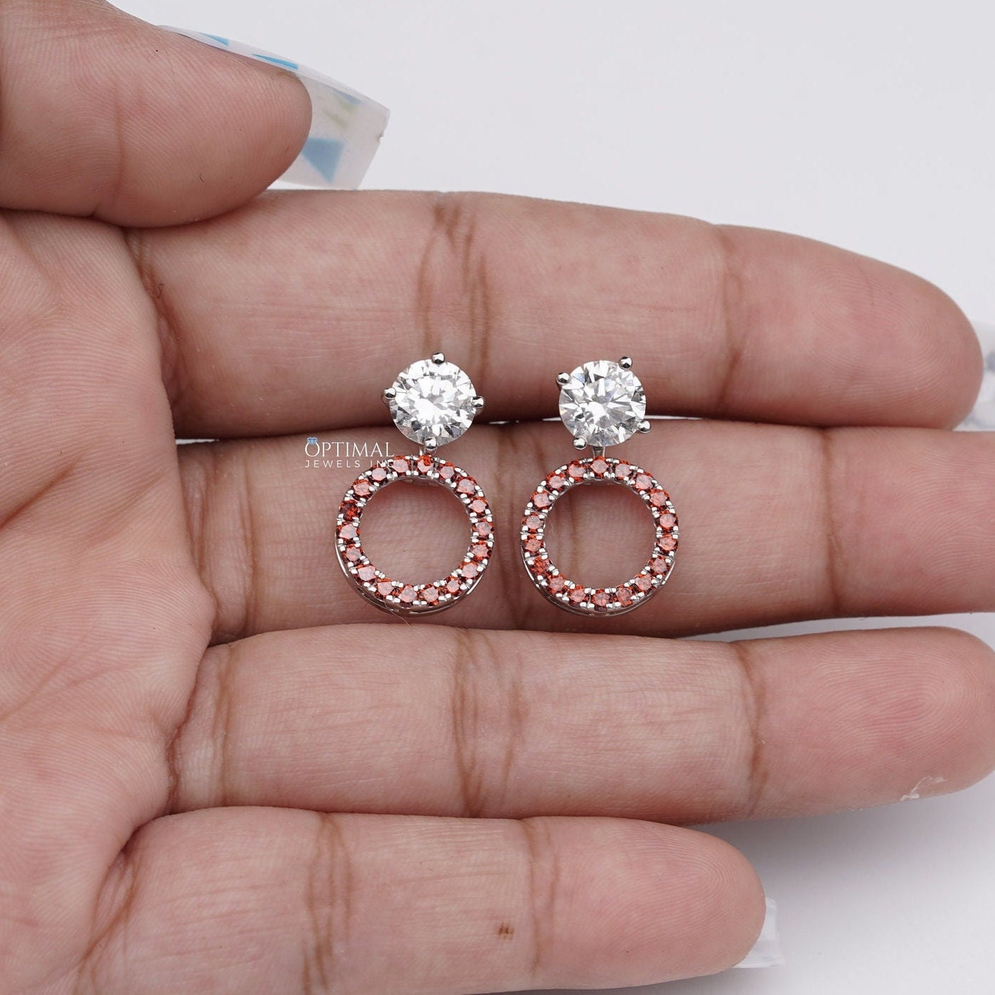 Elegant 2.44 Ctw Round Lab Diamond Earrings with Red Halo, set in white gold, showcasing brilliant sparkle and ethical craftsmanship.