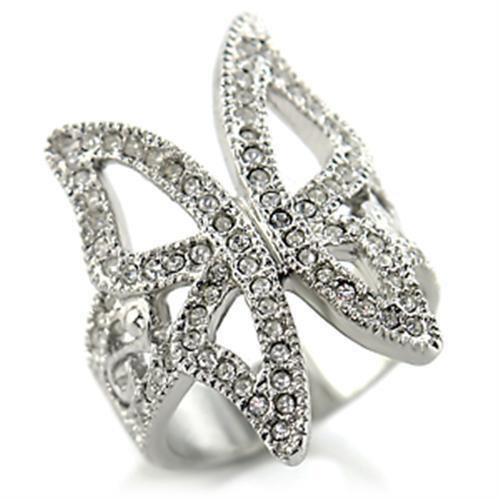 Rhodium brass ring featuring a clear top grade crystal, showcasing its elegant design and shiny finish.