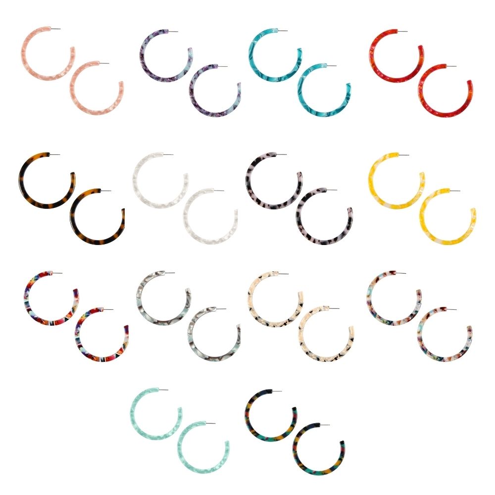 A pair of vibrant 2.5-inch colorful post hoop resin earrings displayed against a neutral background, showcasing their lightweight design and variety of colors.