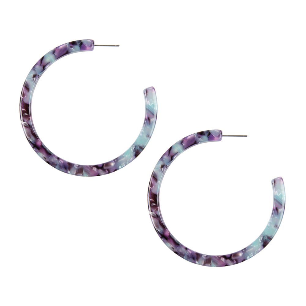 A pair of vibrant 2.5-inch colorful post hoop resin earrings displayed against a neutral background, showcasing their lightweight design and variety of colors.