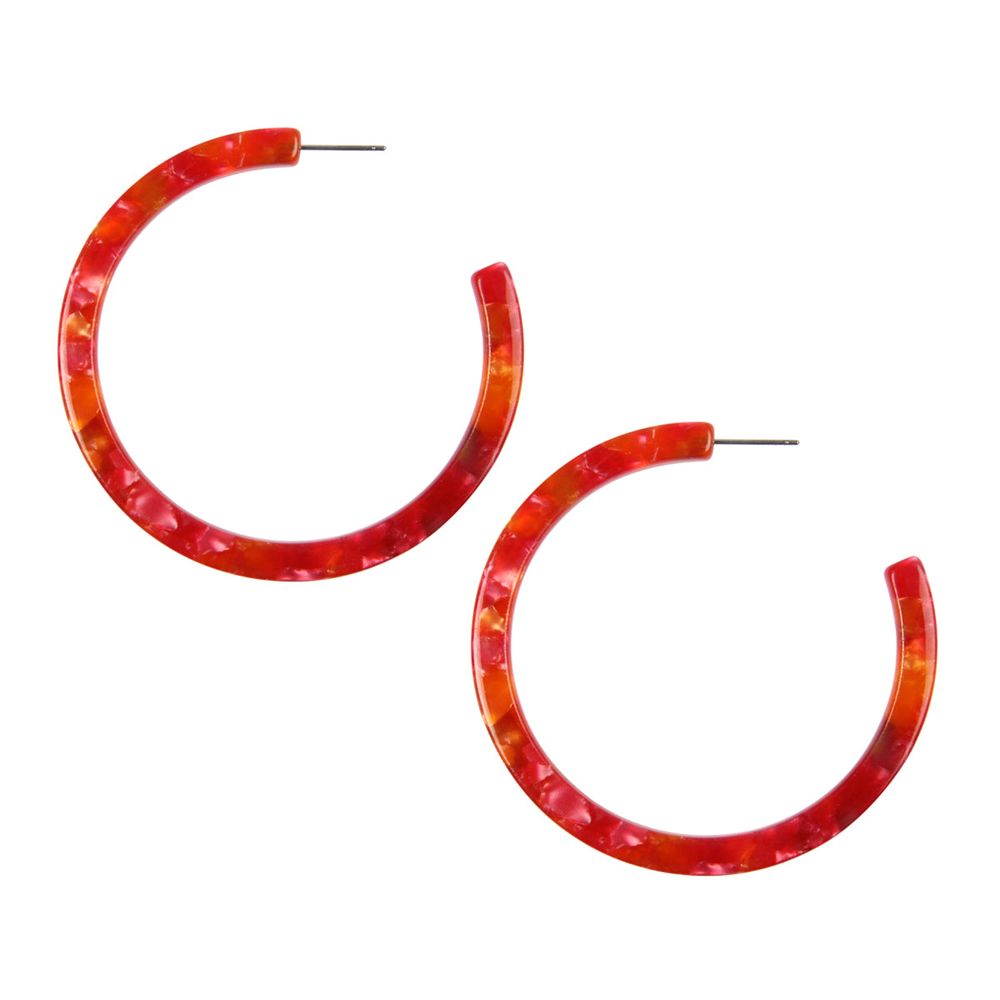 A pair of vibrant 2.5-inch colorful post hoop resin earrings displayed against a neutral background, showcasing their lightweight design and variety of colors.