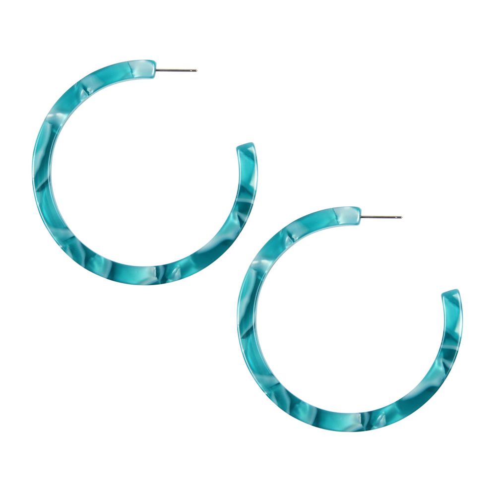 A pair of vibrant 2.5-inch colorful post hoop resin earrings displayed against a neutral background, showcasing their lightweight design and variety of colors.