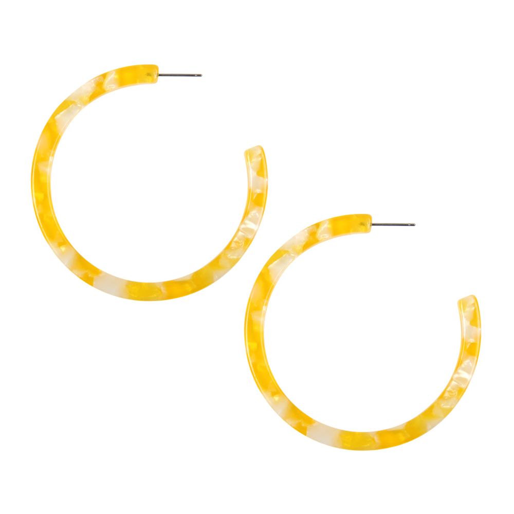 A pair of vibrant 2.5-inch colorful post hoop resin earrings displayed against a neutral background, showcasing their lightweight design and variety of colors.