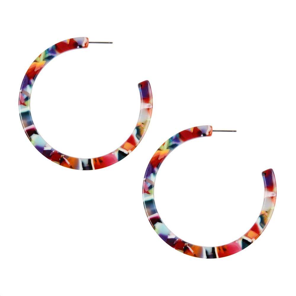 A pair of vibrant 2.5-inch colorful post hoop resin earrings displayed against a neutral background, showcasing their lightweight design and variety of colors.