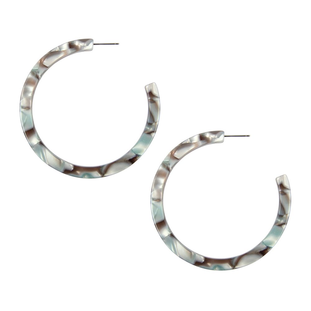 A pair of vibrant 2.5-inch colorful post hoop resin earrings displayed against a neutral background, showcasing their lightweight design and variety of colors.
