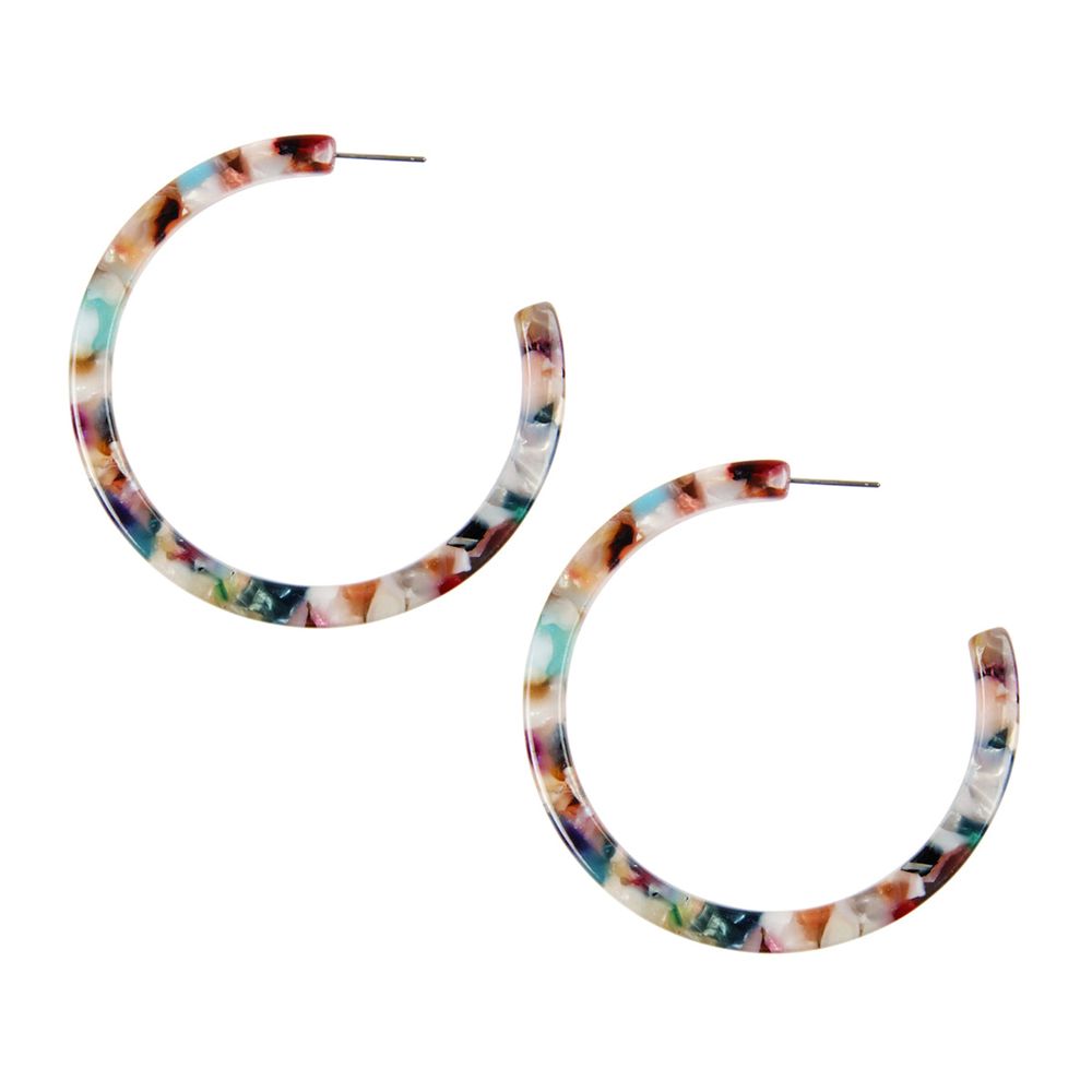 A pair of vibrant 2.5-inch colorful post hoop resin earrings displayed against a neutral background, showcasing their lightweight design and variety of colors.