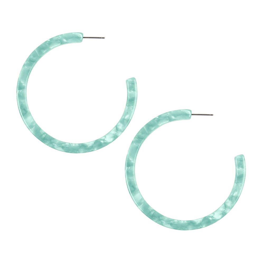 A pair of vibrant 2.5-inch colorful post hoop resin earrings displayed against a neutral background, showcasing their lightweight design and variety of colors.