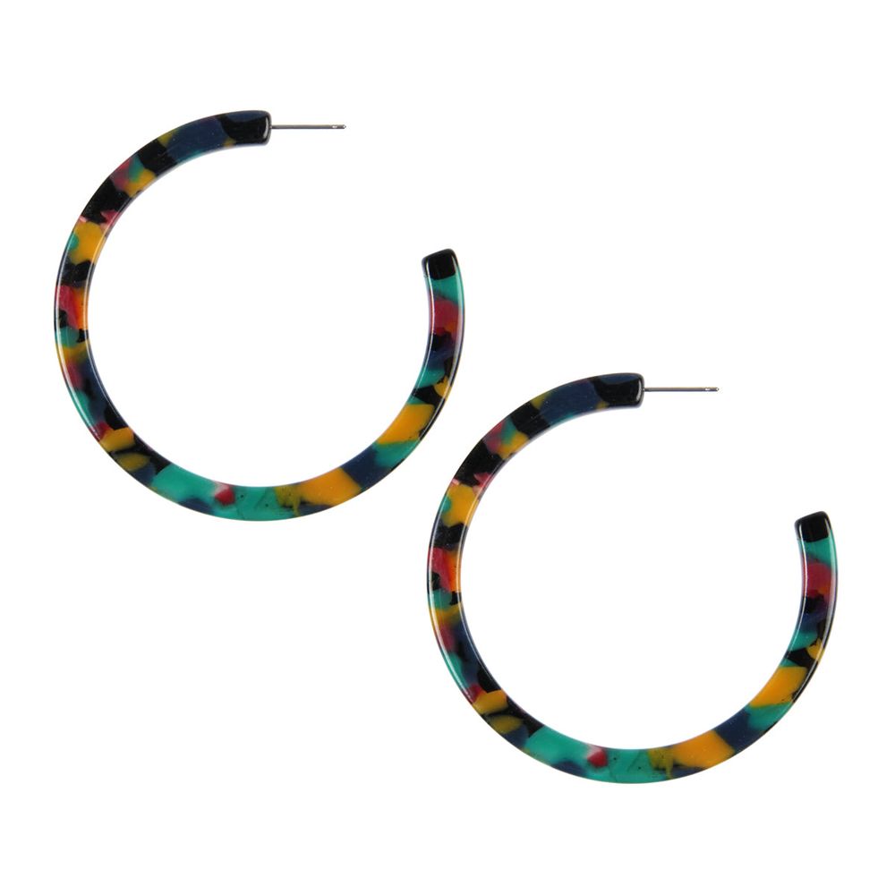 A pair of vibrant 2.5-inch colorful post hoop resin earrings displayed against a neutral background, showcasing their lightweight design and variety of colors.