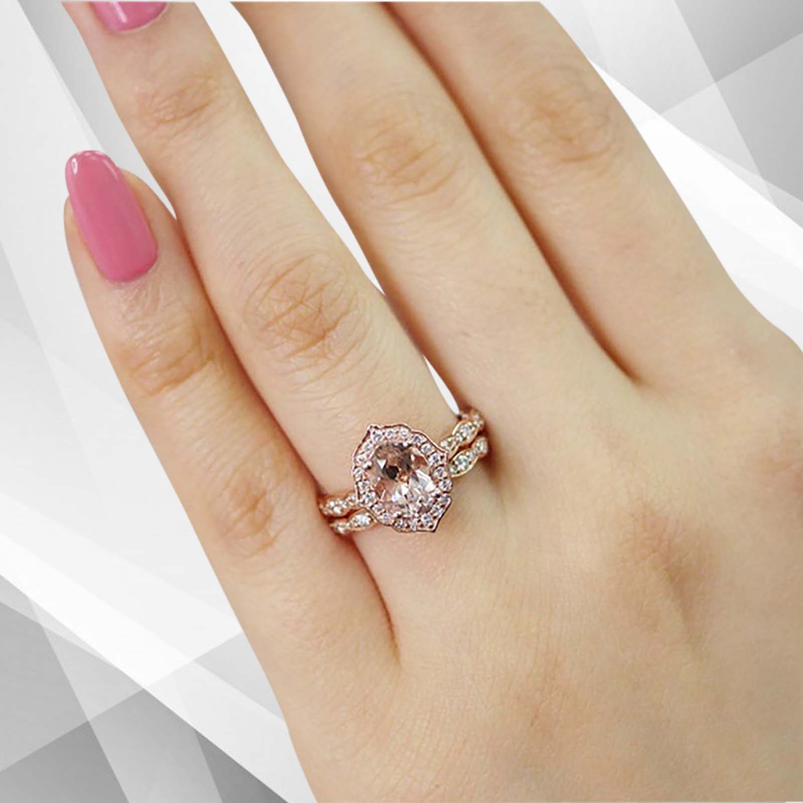 2.50Ct Morganite Diamond Halo Bridal Engagement Ring Set in 18Ct Rose Gold, featuring a stunning oval cut morganite stone surrounded by a halo of diamonds.