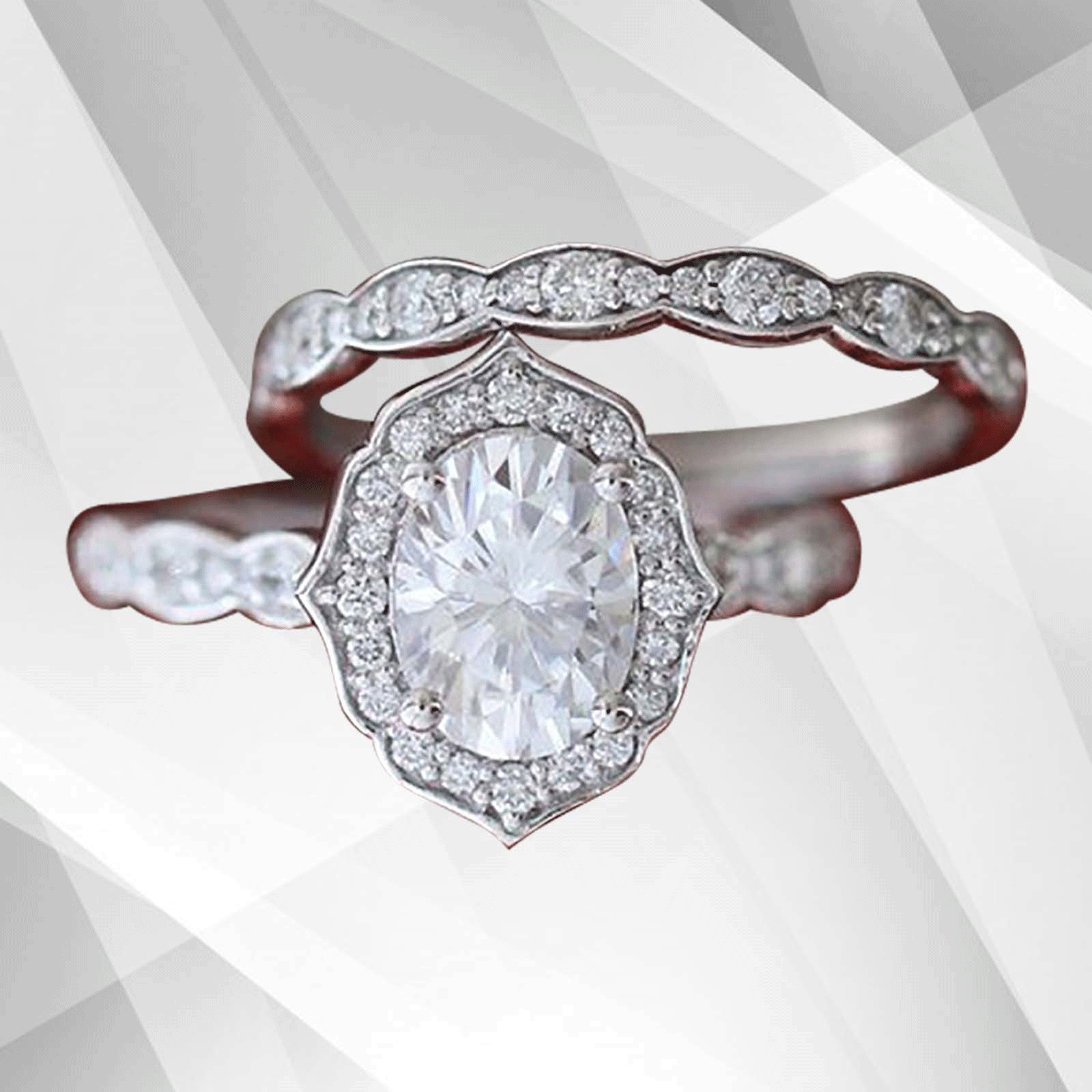 Elegant 2.50Ct oval-cut diamond halo engagement ring set in 18K white gold, showcasing intricate design and sparkling stones.