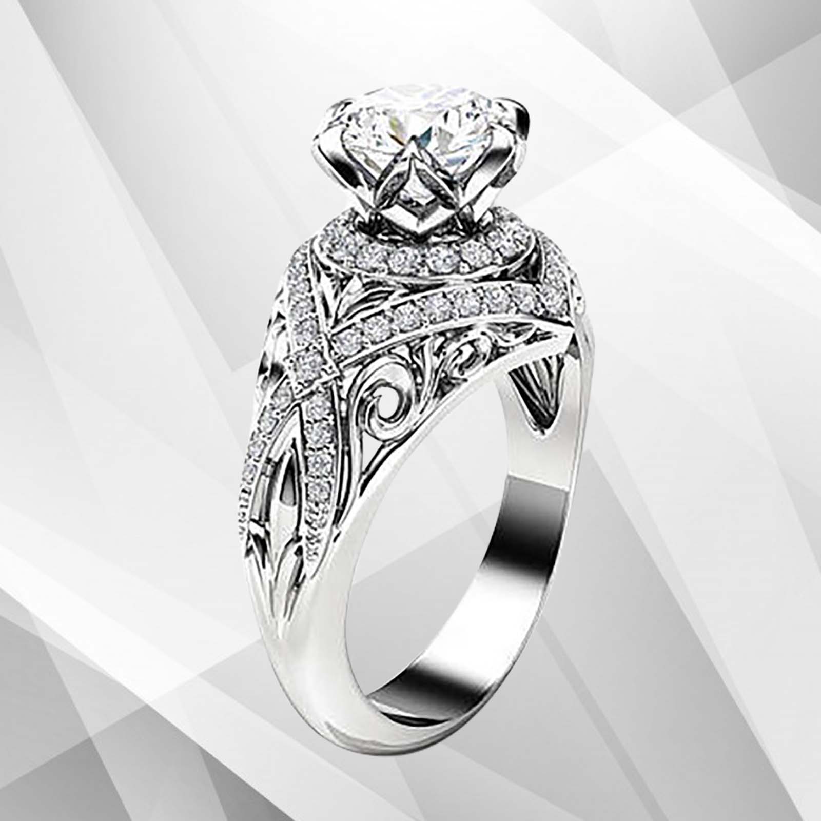 2.50Ct Round-Cut 55 Diamonds Engagement Party Solitaire Ring in 18k white gold, showcasing sparkling diamonds in a classic prong setting.