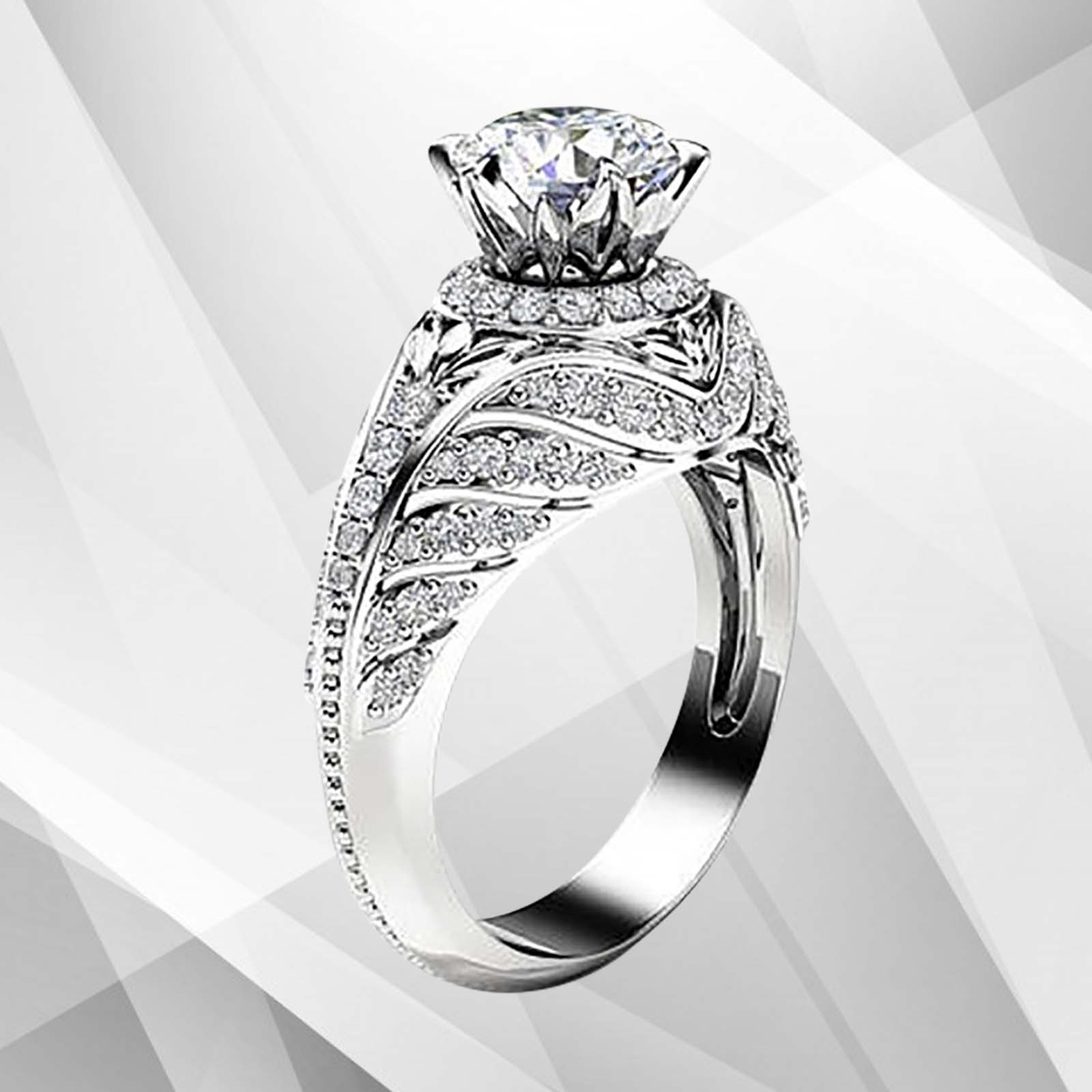 Elegant 2.50Ct Round-Cut 55 Diamonds Engagement Ring in 18k white gold, showcasing its brilliant sparkle and exquisite prong settings.