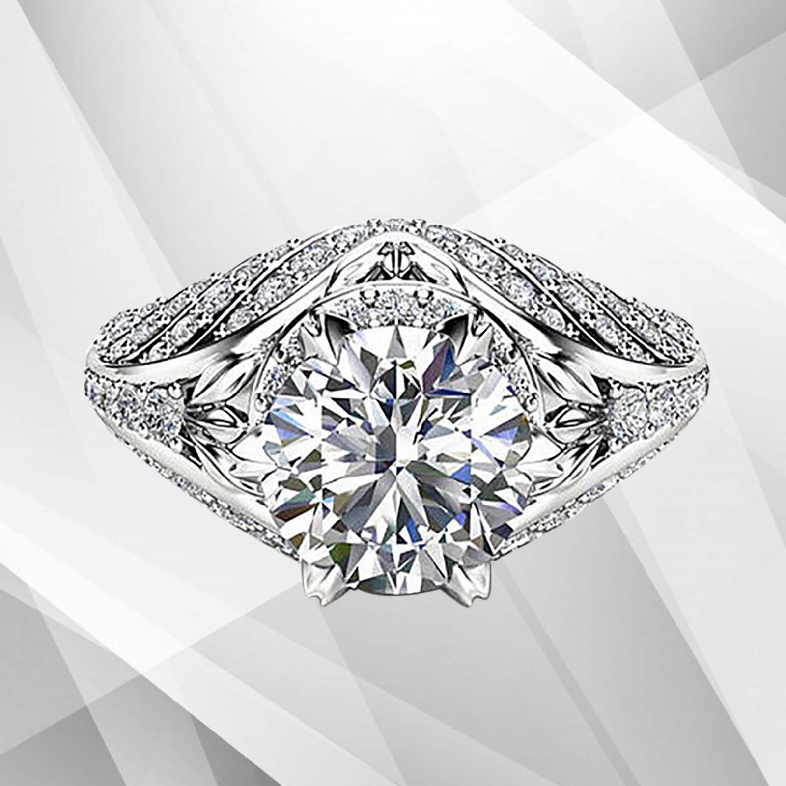 Elegant 2.50Ct Round-Cut 55 Diamonds Engagement Ring in 18k white gold, showcasing its brilliant sparkle and exquisite prong settings.
