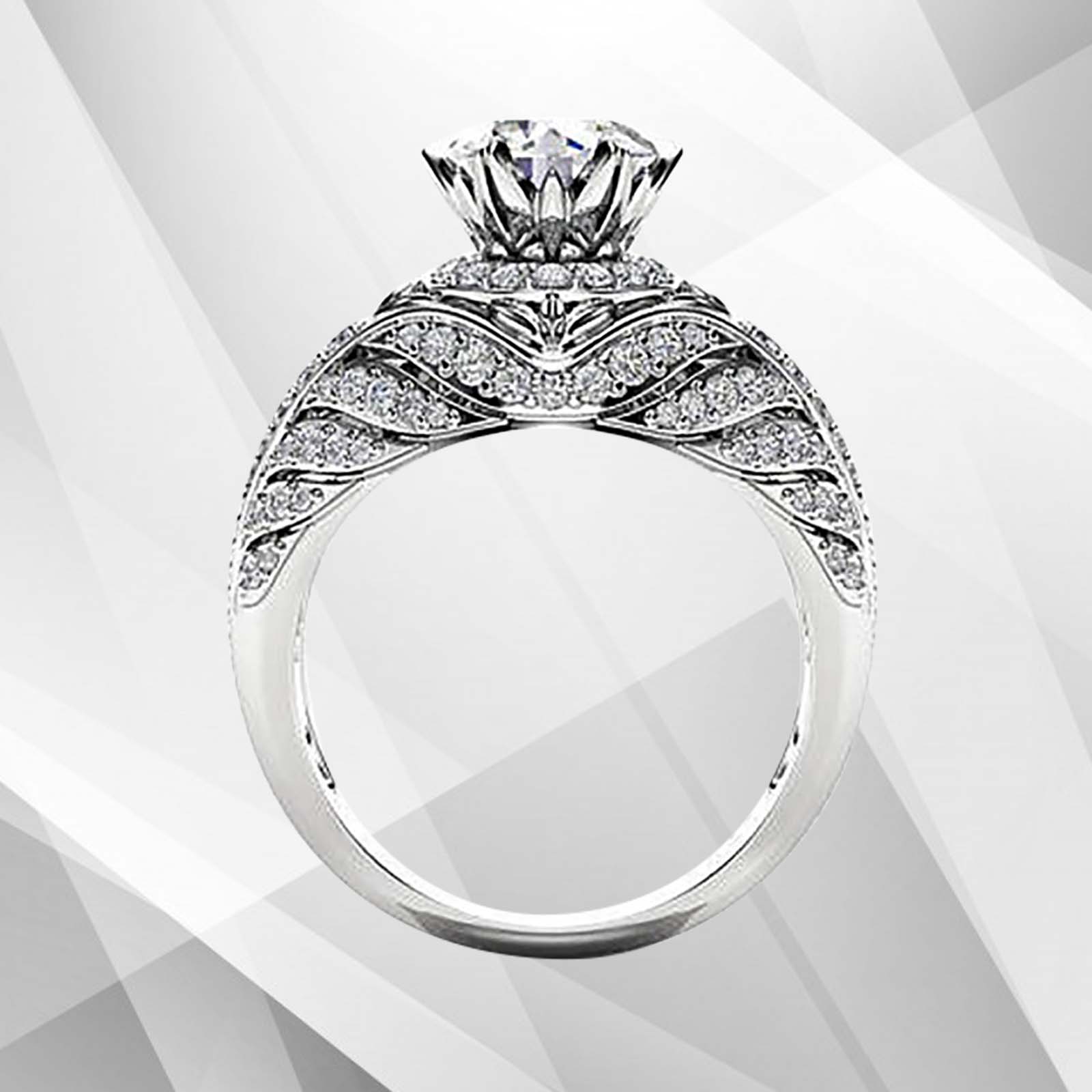 Elegant 2.50Ct Round-Cut 55 Diamonds Engagement Ring in 18k white gold, showcasing its brilliant sparkle and exquisite prong settings.