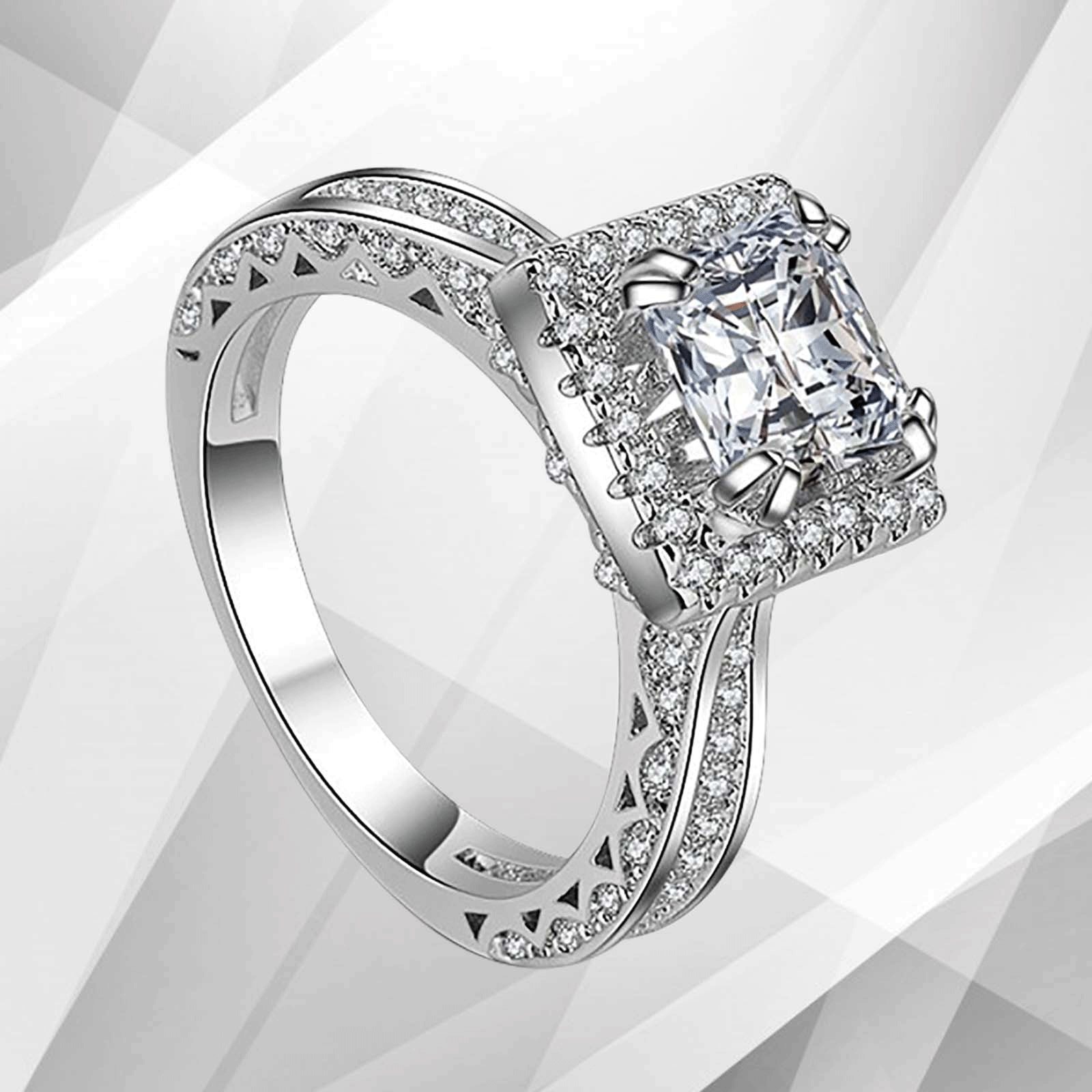 2.5Ct Princess-Cut Cushion Halo Engagement Ring in 18Ct White Gold with 94 sparkling diamonds, showcasing exquisite craftsmanship and elegance.